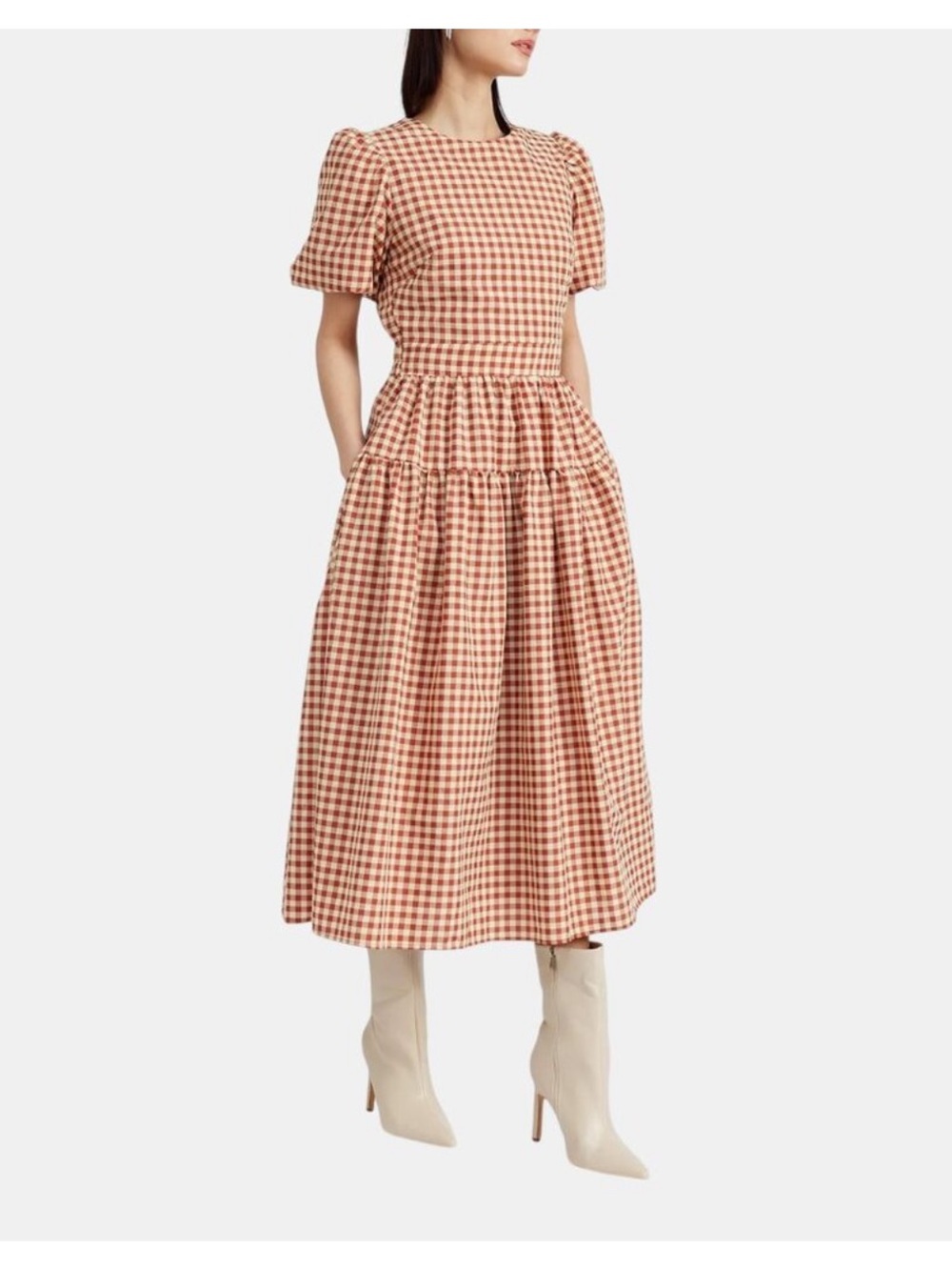NWT En Saison Gingham Puff Sleeve Tie Back Midi Dress in Brown and Cream